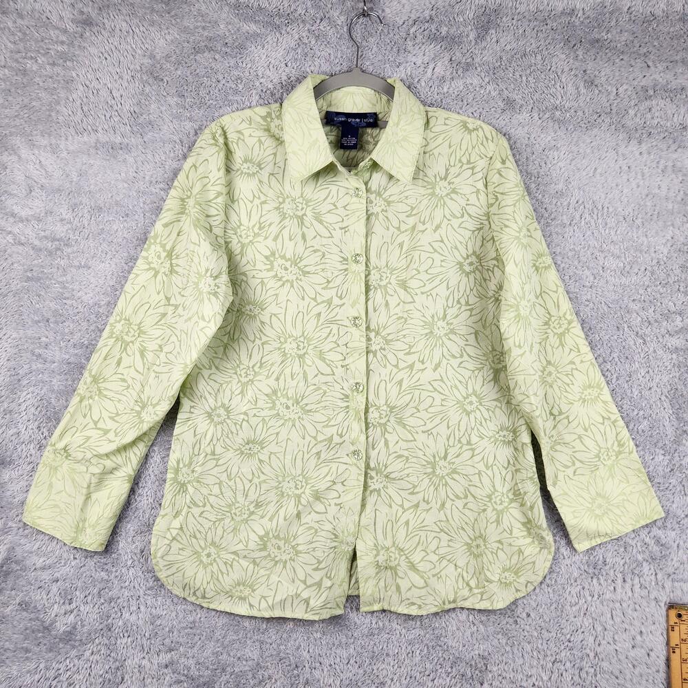 Vintage Susan Graver Shirt Womens Small Green Floral Rhinestone Top Hawaiian